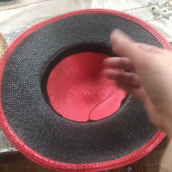 Vintage Girls Straw Hat Red Black Veil Bow